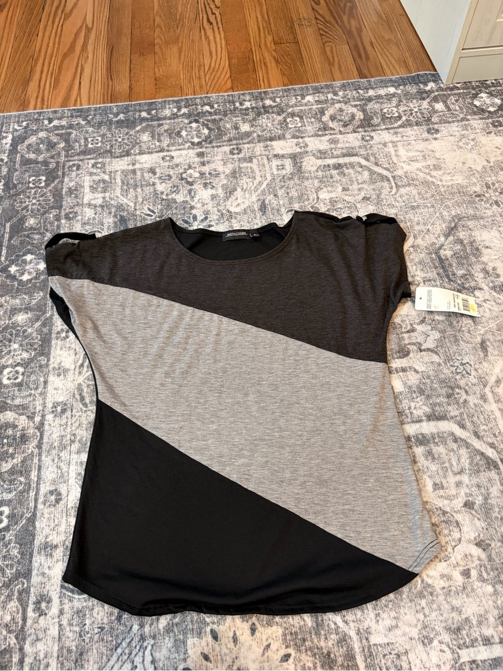 Notations Black and Gray Diagonal Block Short Sleeve Top